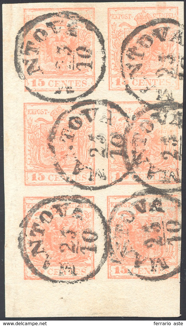 162 1854 - 15 Cent. Rosso Vermiglio Chiaro, Carta A Macchina (20a), Eccezionale Blocco Di Sei Angolo Di ... - Lombardo-Venetien