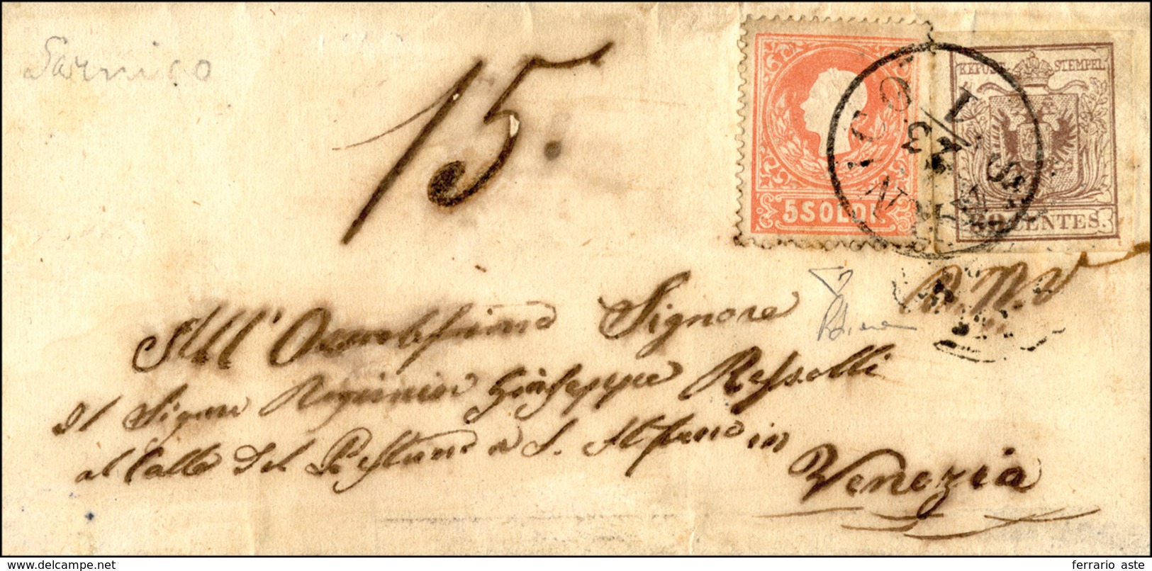 167 1859 - 30 Cent. Bruno, Carta A Macchina, 5 Soldi Rosso, I Tipo (21,25), Perfetti, Su Sovracoperta Di... - Lombardo-Vénétie