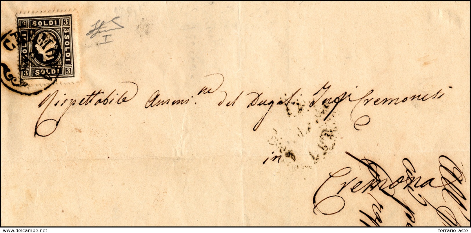 170 1859 - 3 Soldi Nero, I Tipo (24), Perfetto, Isolato Su Sovracoperta Di Lettera Da Cremona 8/3/1859 P... - Lombardo-Vénétie