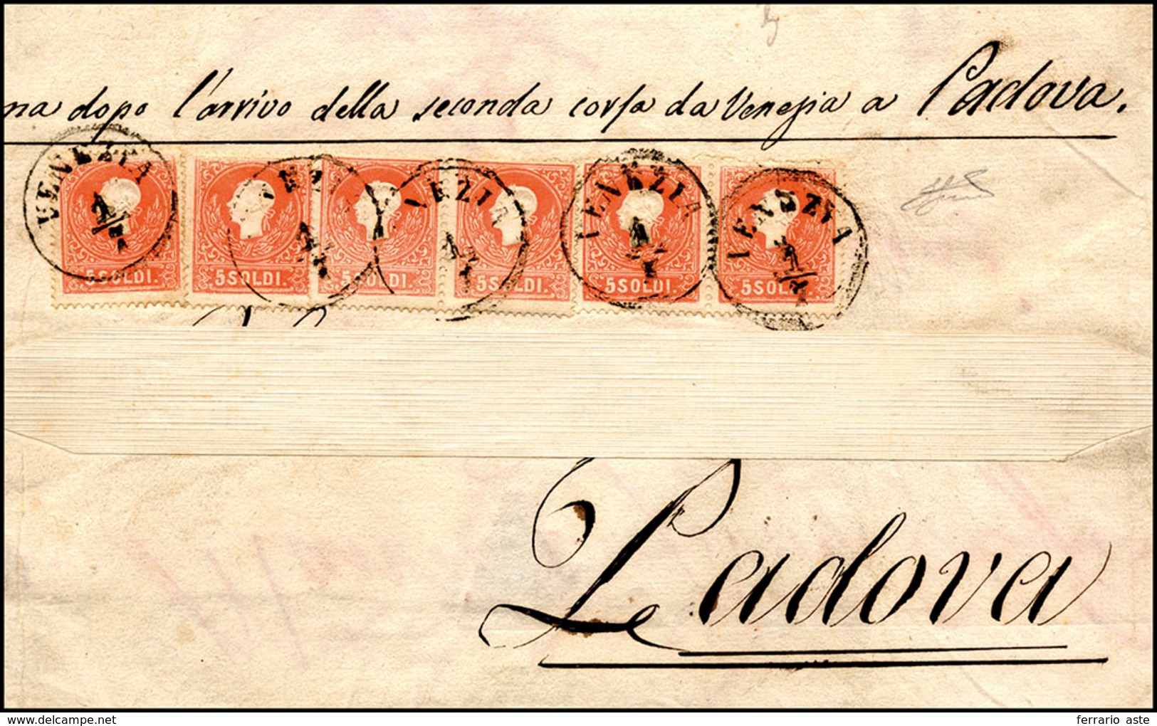 175 1859 - 5 Soldi Rosso, I Tipo (25), 6 Esemplari, Perfetti, Su Gran Parte Di Sovracoperta Di Lettera D... - Lombardo-Venetien