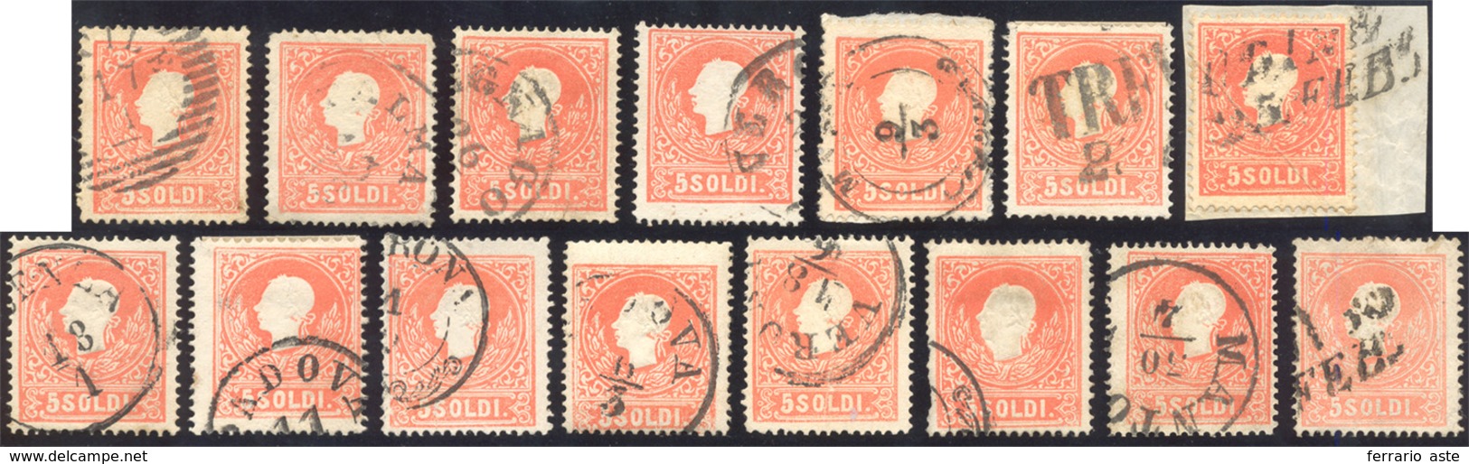 187 1859 - 5 Soldi Rosso II Tipo (30), Quindici Esemplari Usati, Perfetti, Tutti Con Varietà Di Stampa. ... - Lombardo-Venetien