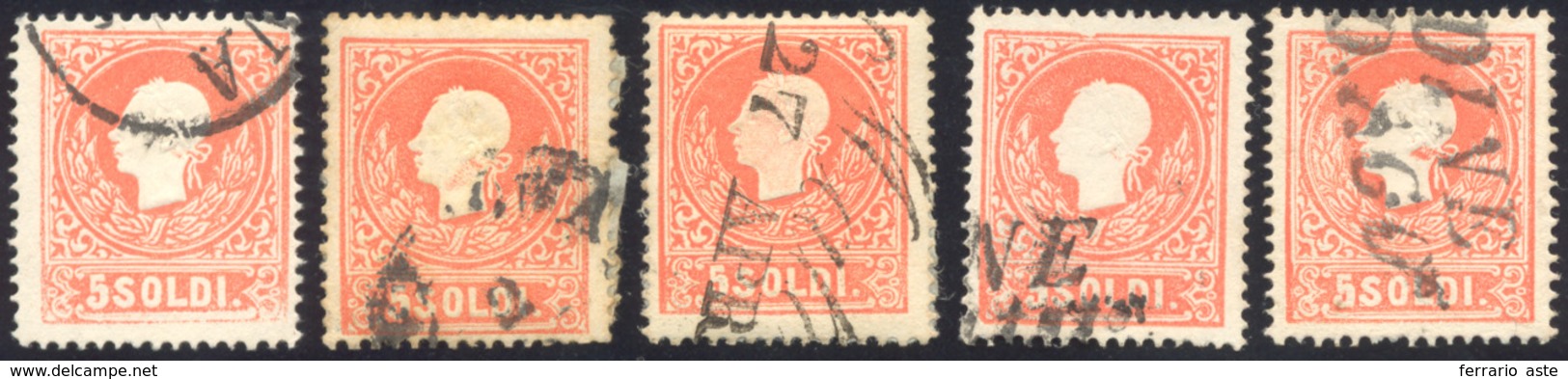 188 1859 - 5 Soldi Rosso, II Tipo (30), Cinque Esemplari Usati, Tutti Con Macchie Di Inchiostro Di Stamp... - Lombardo-Venetien