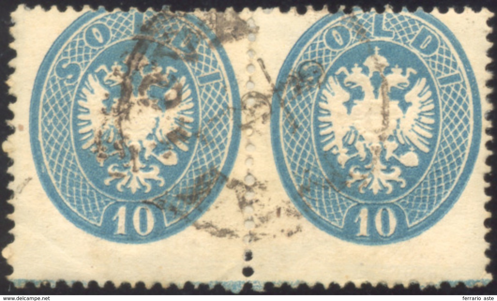 214 1863 - 10 Soldi Azzurro, Dent. 14, Coppia Con Dentellatura Orizzontale Fortemente Spostata In Basso,... - Lombardo-Vénétie