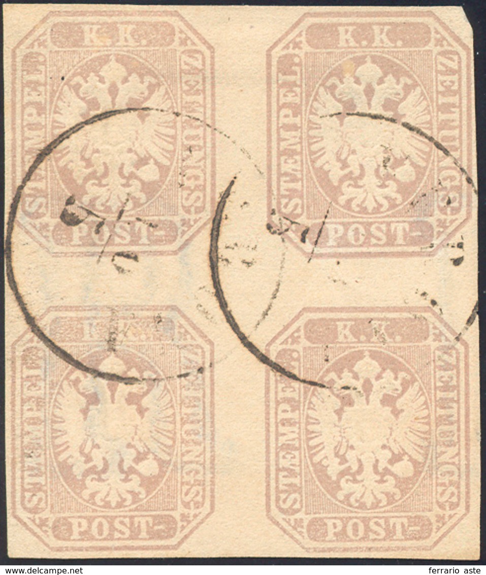 238 1863 - 1,05 S. Bruno Grigiastro (11), Blocco Di 4 Con Filigrana Centrale, Perfetto, Usato A Verona 1... - Lombardo-Venetien