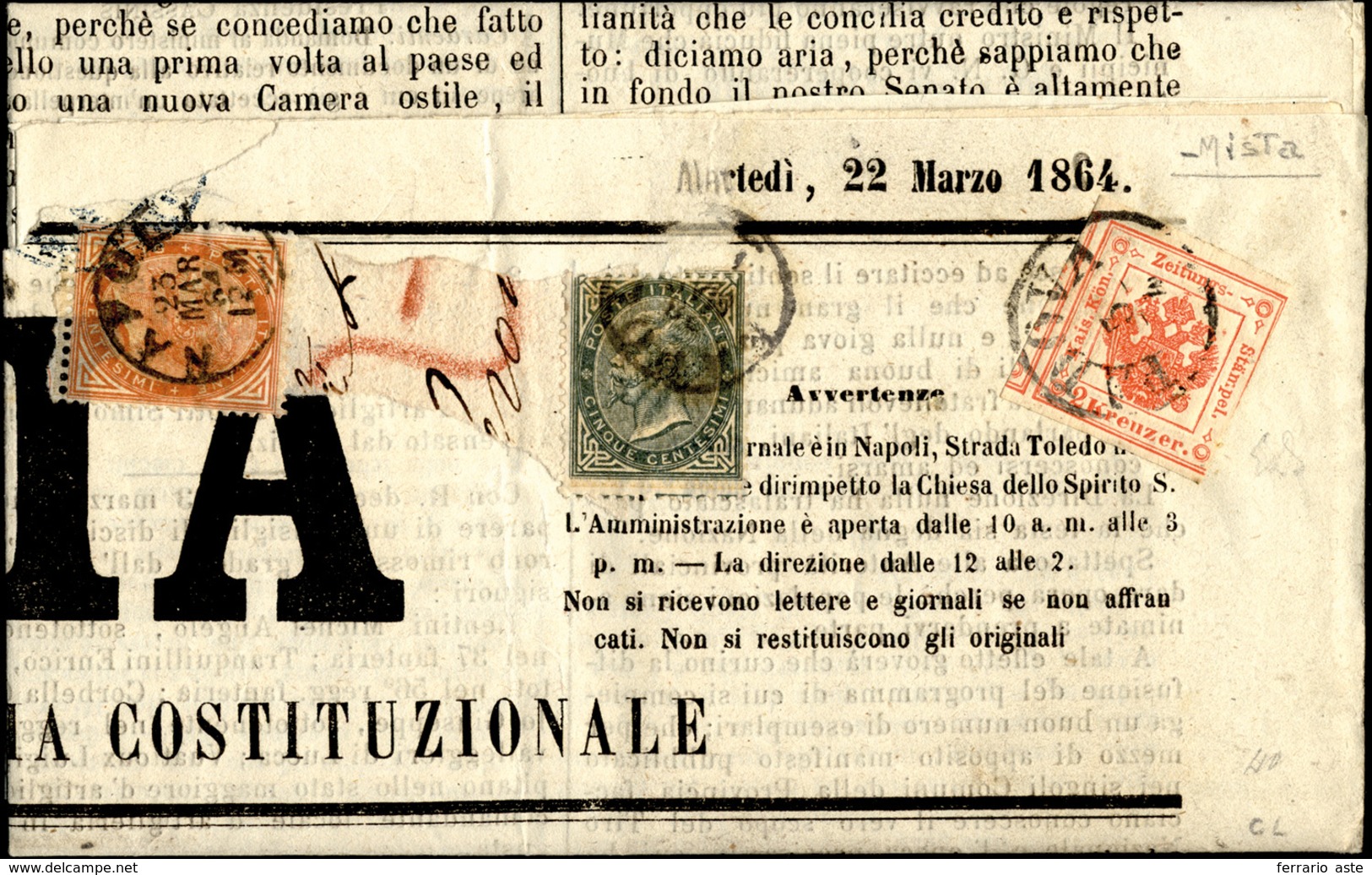 248 1864 - 2 Kr. Vermiglio (3), Un Margine Corto, Usato Su Giornale A Padova Il 3/4, Precedentemente Spe... - Lombardo-Venetien