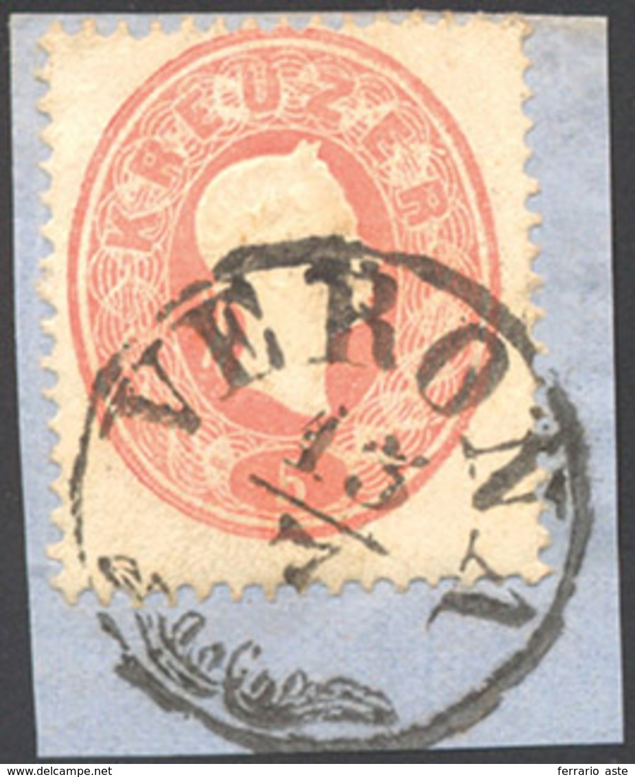 250 1860 - 5 Kreuzer Rosso, III Emissione D'Austria, Usato Su Frammento A Verona (CO, Punti R1). Bello E... - Lombardo-Vénétie