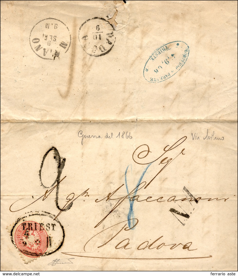 259 1866 - 5 Kr. Rosa, Dent. 9 1/2 (29), Perfetto, Su Fresca Lettera Da Trieste 4/9/1866 A Padova Dove G... - Lombardo-Venetien