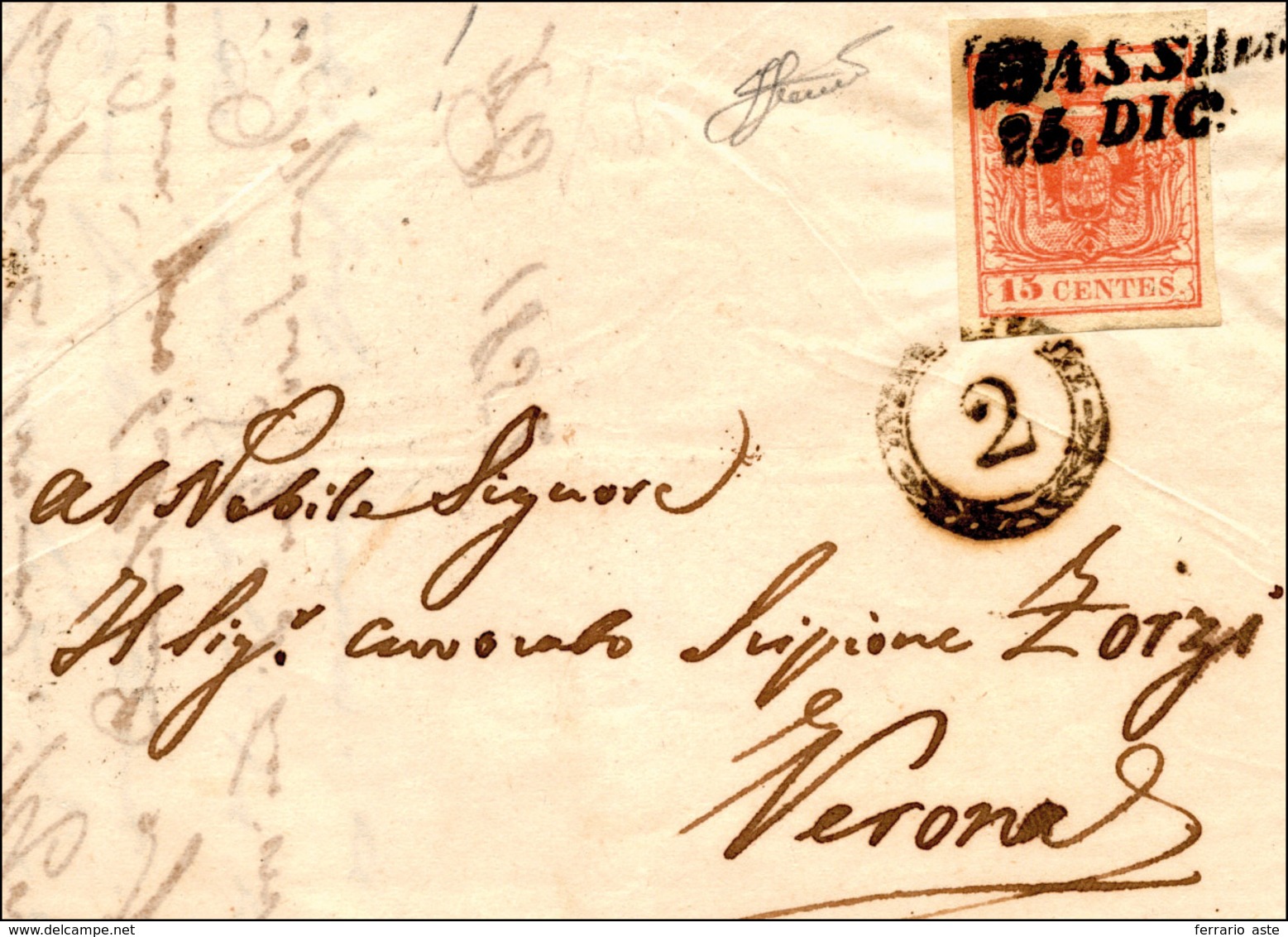 267 BASSANO, SI Punti 9 - 15 Cent. (6), Perfetto, Su Lettera Del 25/12/1852 Per Verona. Bollo Di Distrib... - Lombardo-Vénétie