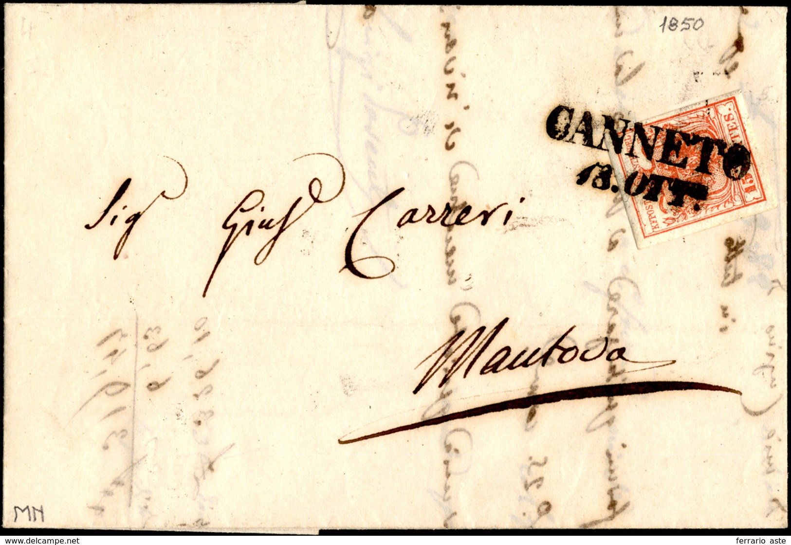 271 CANNETO, SD Punti 5 - 15 Cent. I Tiratura (3a), Perfetto, Su Lettera Del 18/10/1850 Per Mantova.... - Lombardo-Vénétie