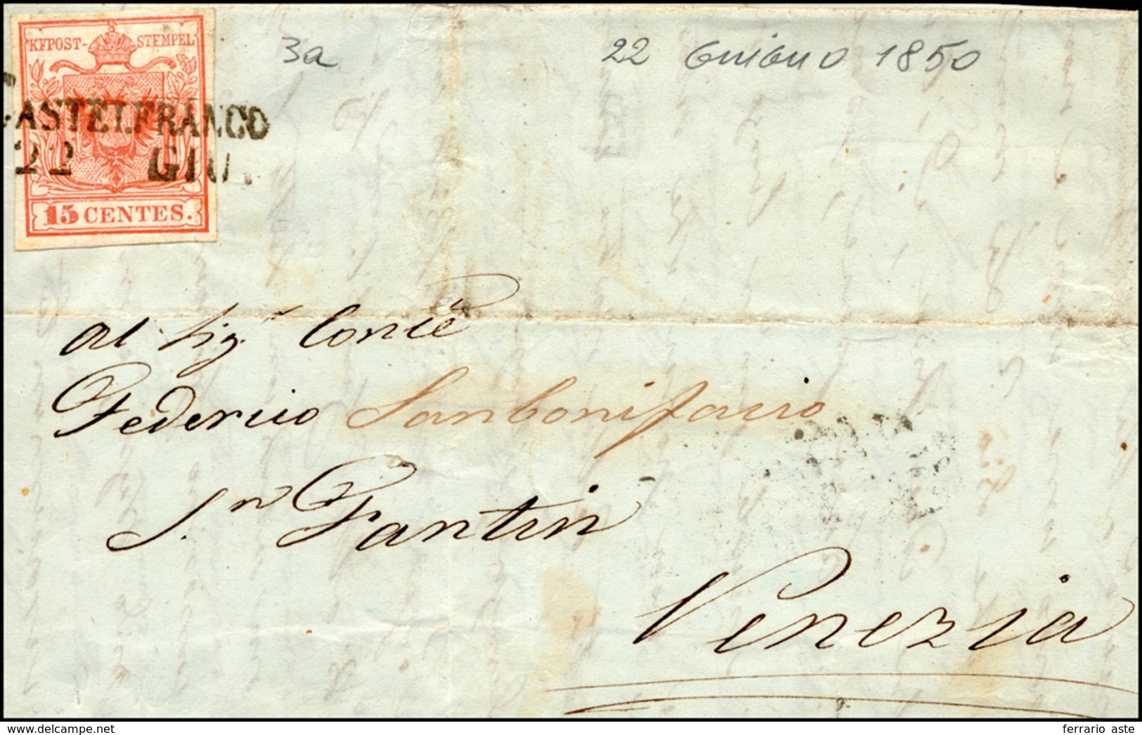 273 CASTELFRANCO, SD Ig Punti 10 - 15 Cent. (3a), Leggero Plì D'accordeon, Su Lettera Del 22/6/1850, Pri... - Lombardo-Vénétie