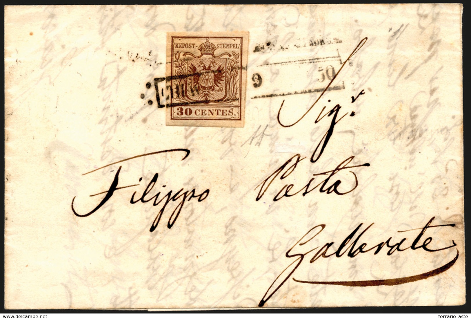 275 CHIAVENNA, R50 Punti 12 - 30 Cent. (7), Perfetto, Su Lettera Del 9/8/1850 Per Gallarate. Bella E Rar... - Lombardo-Venetien