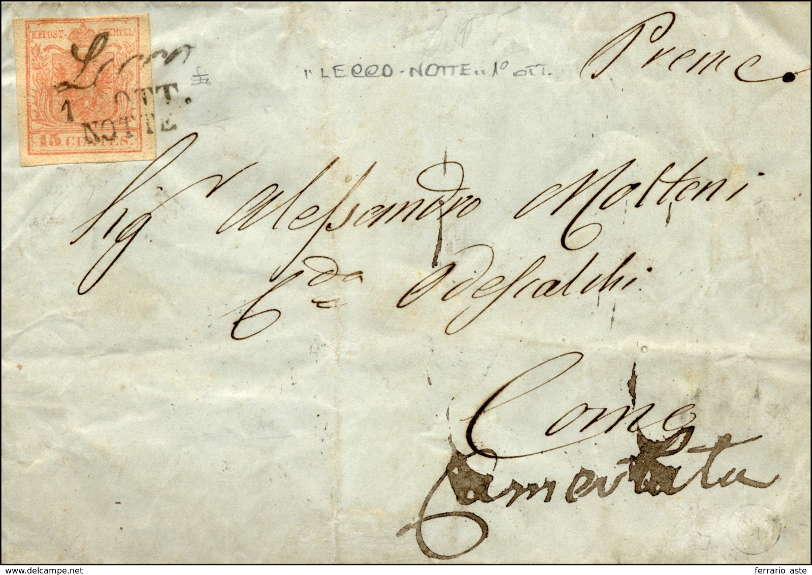 282 LECCO NOTTE, Cor Punti 6 - 15 Cent. (5), Perfetto, Su Lettera Del 1/10/1851 Per Camerlata.... - Lombardo-Vénétie