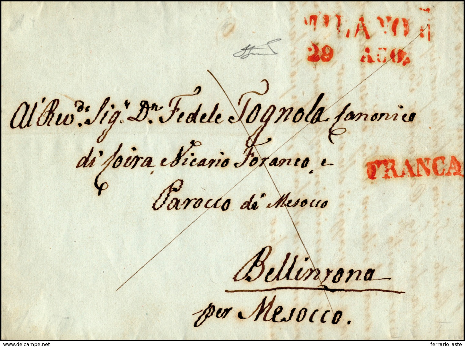 287 MILANO, SD II Tipo Rosso - Lettera Pagata In Contanti Da Milano 29/8/1851 A Bellinzona, Svizzera, 12... - Lombardy-Venetia