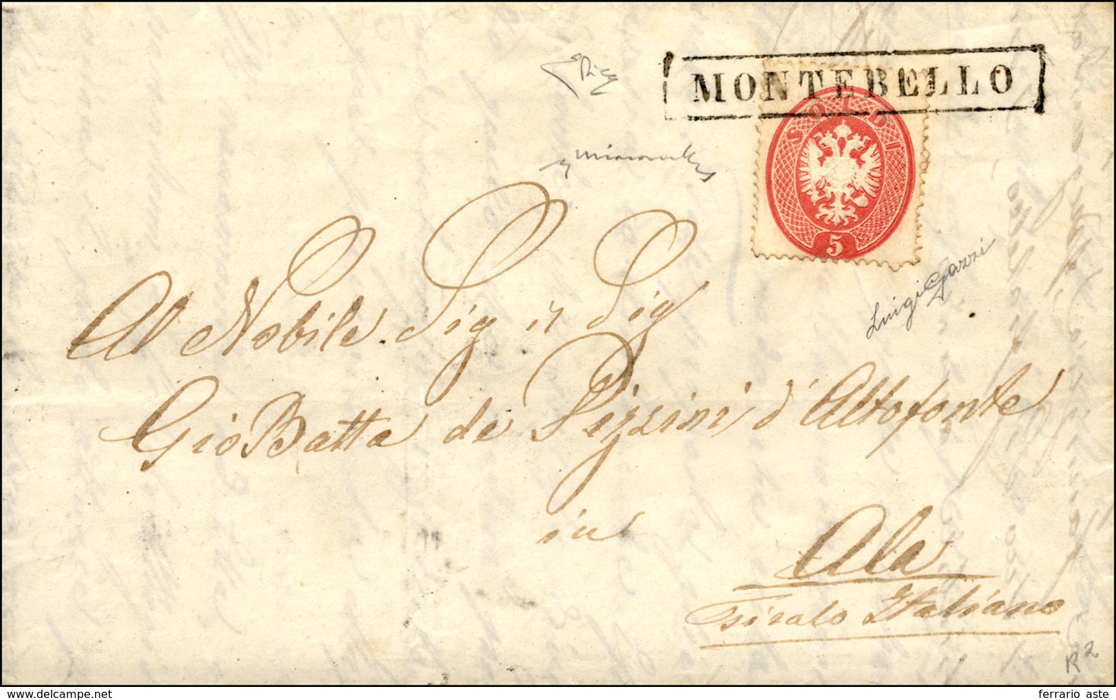 290 MONTEBELLO R S. D. Punti R2 - 5 Soldi Rosa, Dent. 14 (38), Perfetto, Su Fresca Lettera Del 23/2/1864... - Lombardo-Venetien