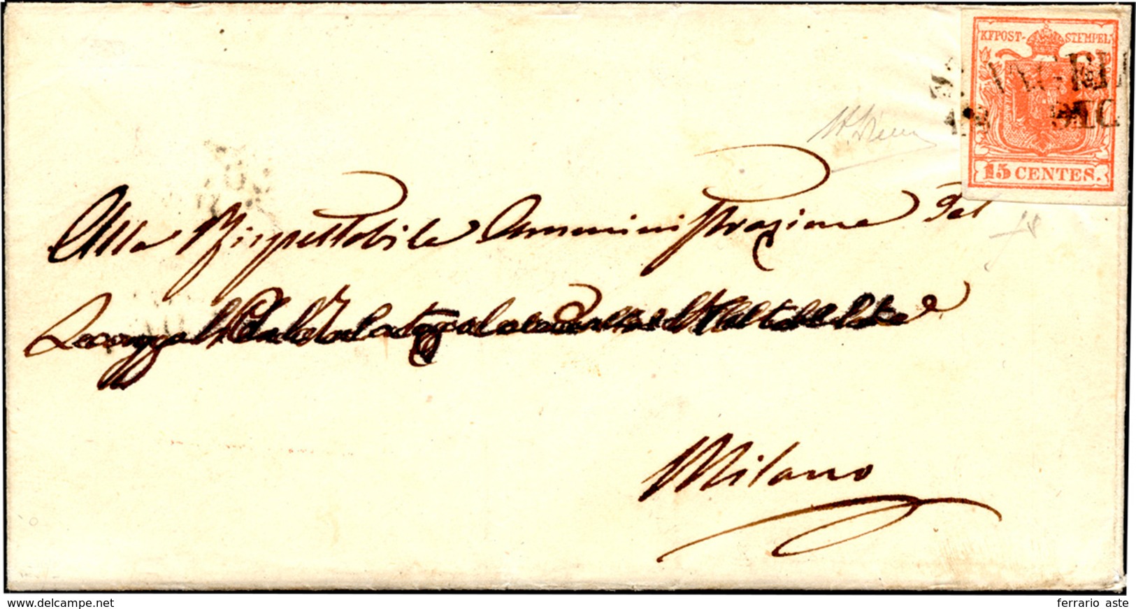 298 S. ANGELO, SD Punti 13 - 15 Cent. (3), Perfetto, Su Sovracoperta Del 18/12/1850 Per Milano. Molto Ra... - Lombardo-Vénétie