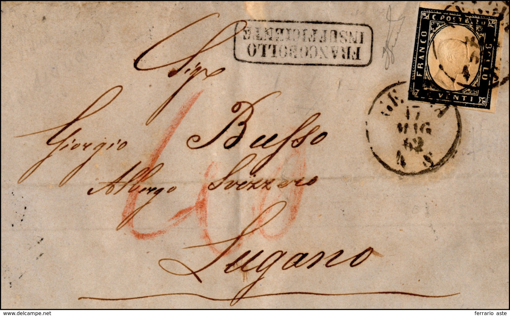 972 1862 - 20 Cent. Indaco (15E), Leggermente Corto A Destra, Su Lettera Da Genova 17/5/1862 A Lugano, S... - Sardaigne