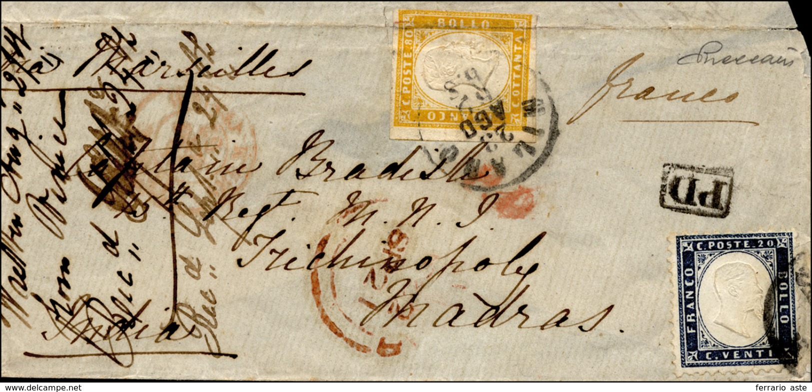 1202 1862 - Lettera Da Milano Del 23 Agosto 1862 Per Madras, In India, Affrancata Con 20 Cent. D'Italia (... - Sonstige & Ohne Zuordnung