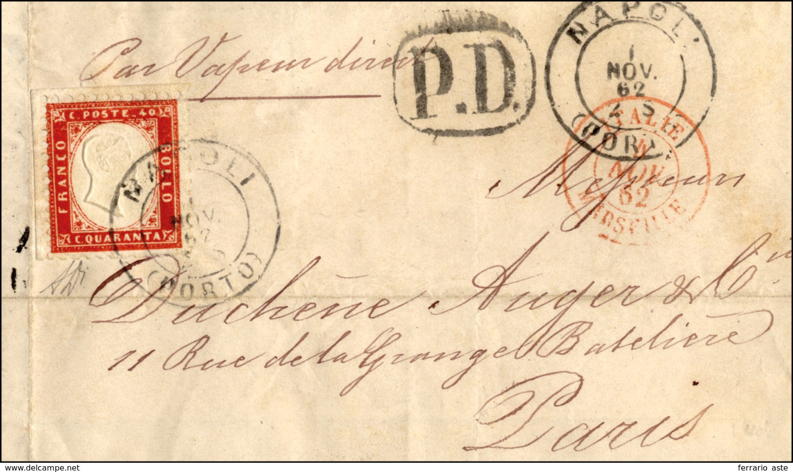 1209 1862 - 40 Cent. Rosso Carminio (3), Angolo Di Foglio, Perfetto, Su Sovracoperta Di Lettera Da Napoli... - Sonstige & Ohne Zuordnung