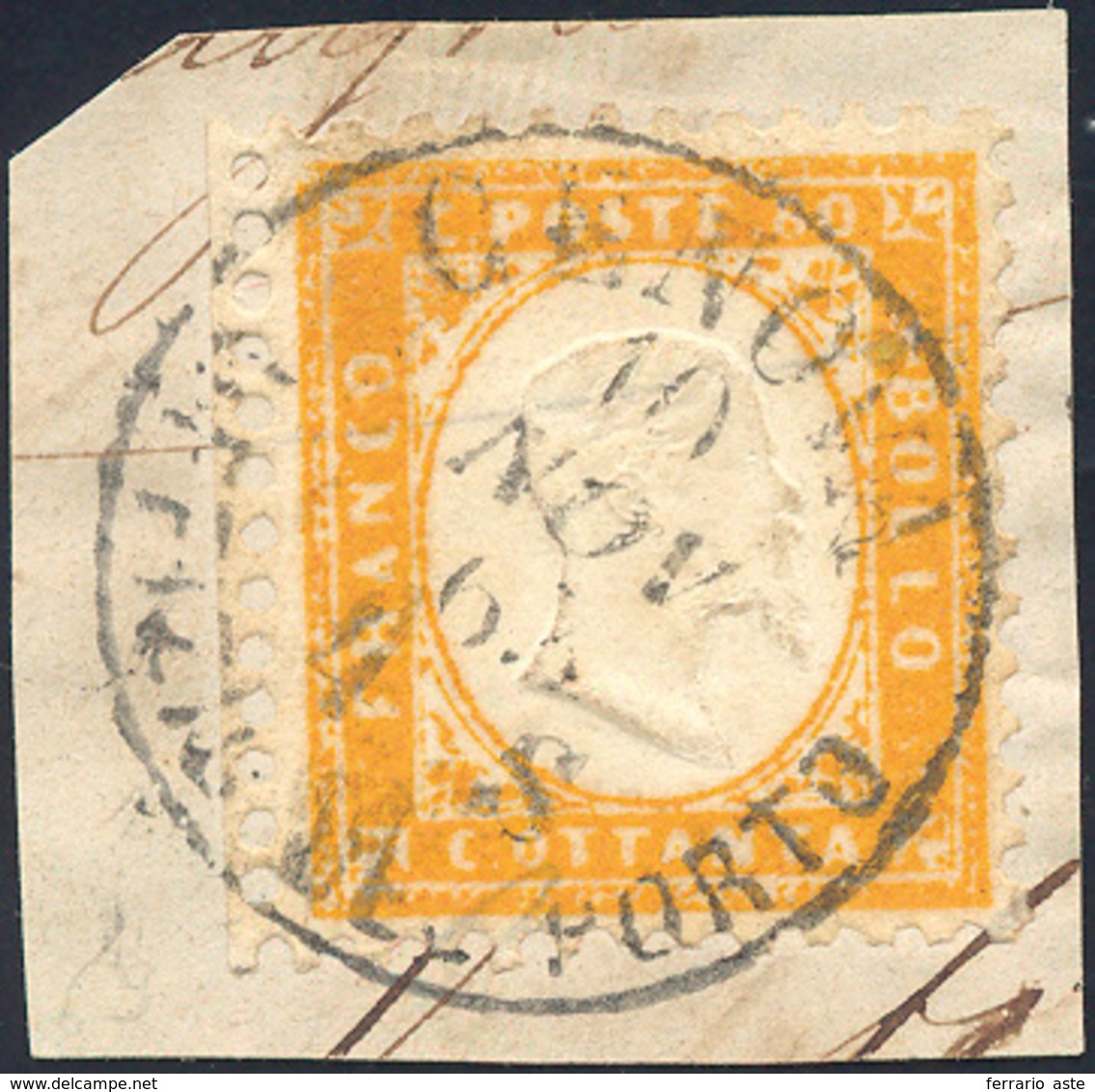 1213 1862 - 80 Cent. Giallo Arancio (4), Perfetto, Usato Su Frammento A Genova. Ottima Qualità. A.Diena, ... - Autres & Non Classés