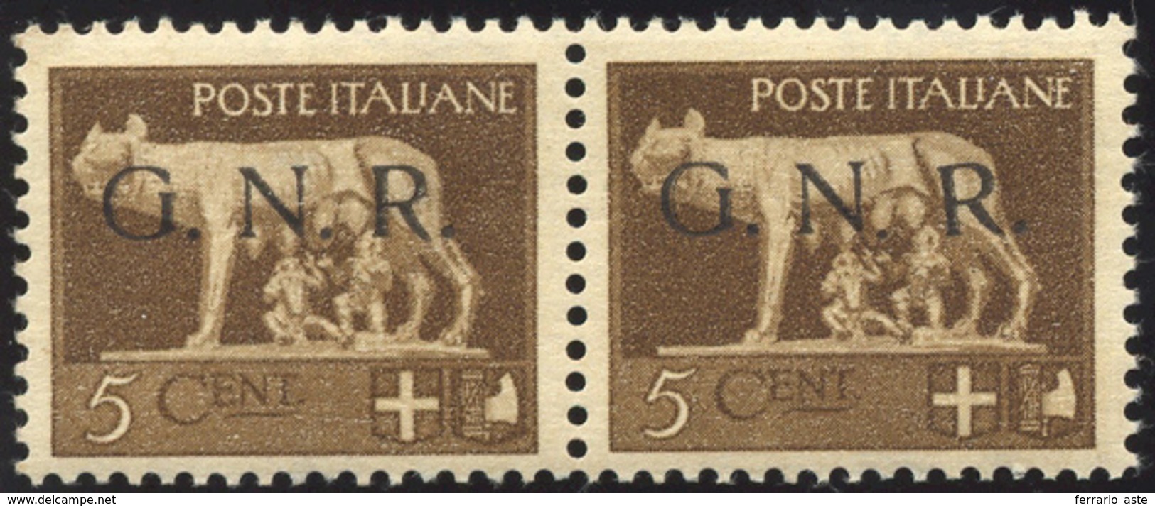 1888 1944 - 5 Cent. Soprastampa G.N.R. Di Brescia Del I Tipo, "R" Inclinata A Sinistra, In Coppia Con Il ... - Sonstige & Ohne Zuordnung