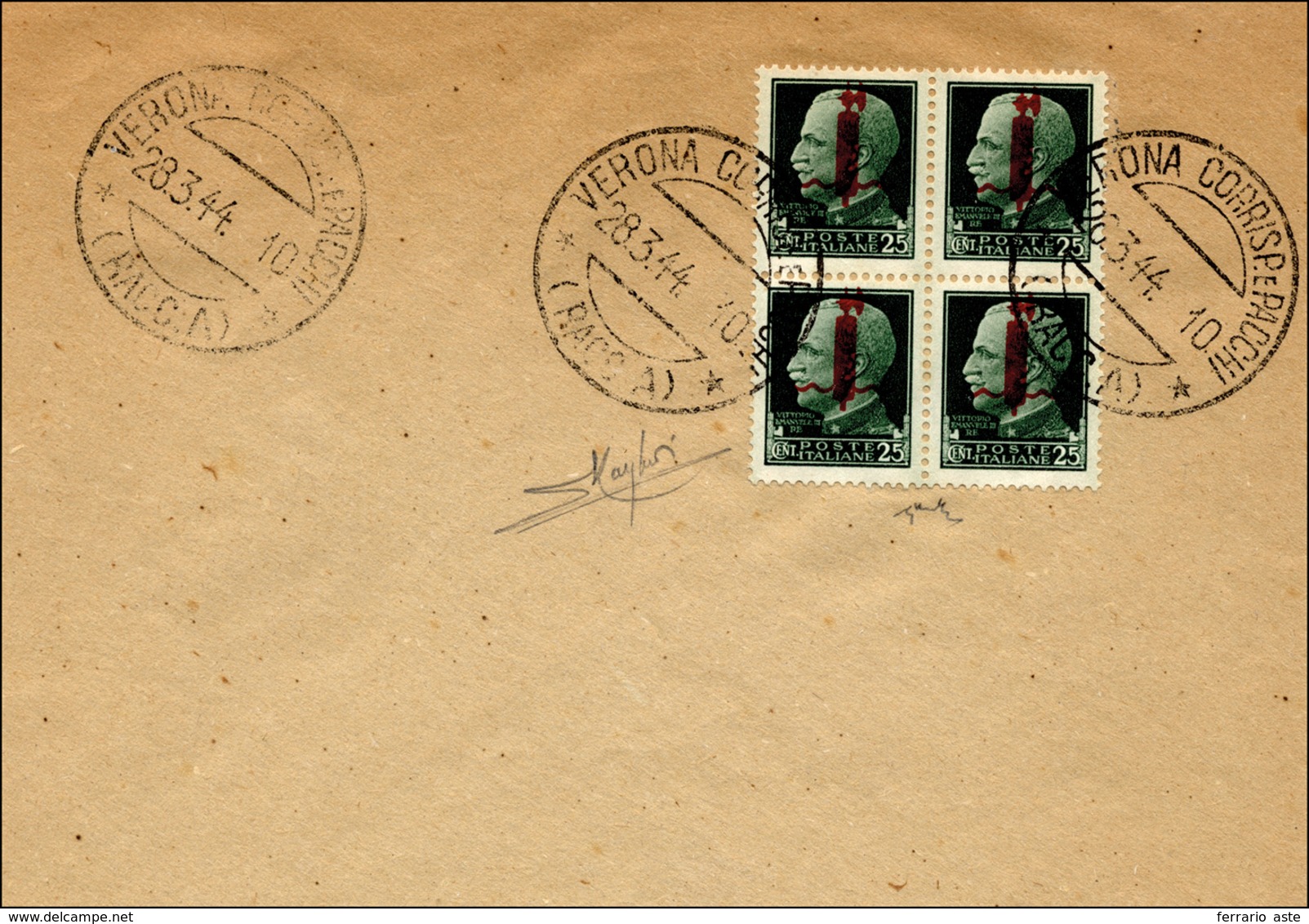 1908 1944 - 25 Cent. Soprastampa Fascio In Rosso (490), Splendido E Perfetto Blocco Di Quattro, Usato A V... - Autres & Non Classés