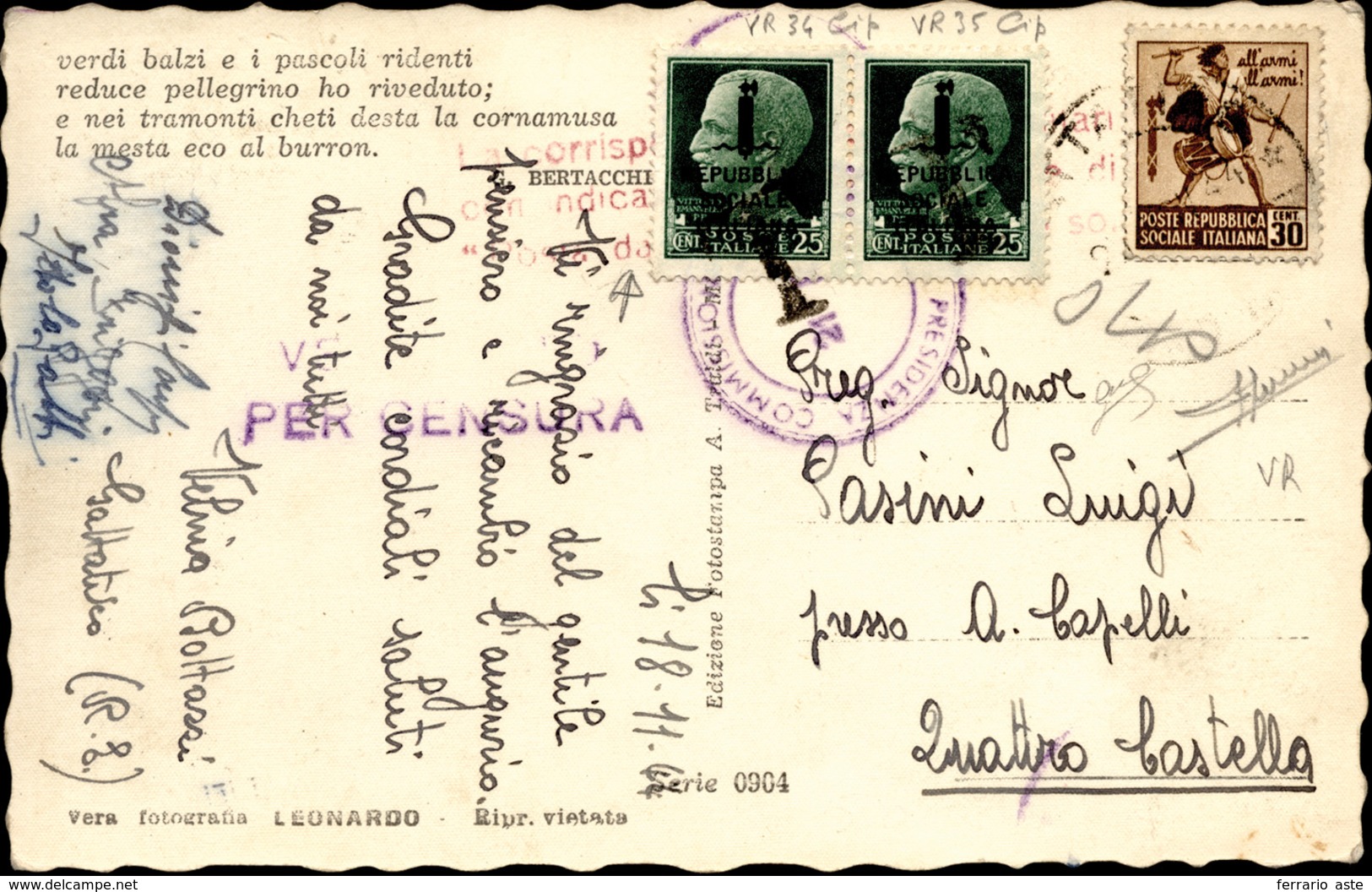 1909 1944 - 25 Cent. Soprastampati Fascetto, Tiratura Di Verona (491), Coppia, Perfetta, Usata Come Segna... - Autres & Non Classés