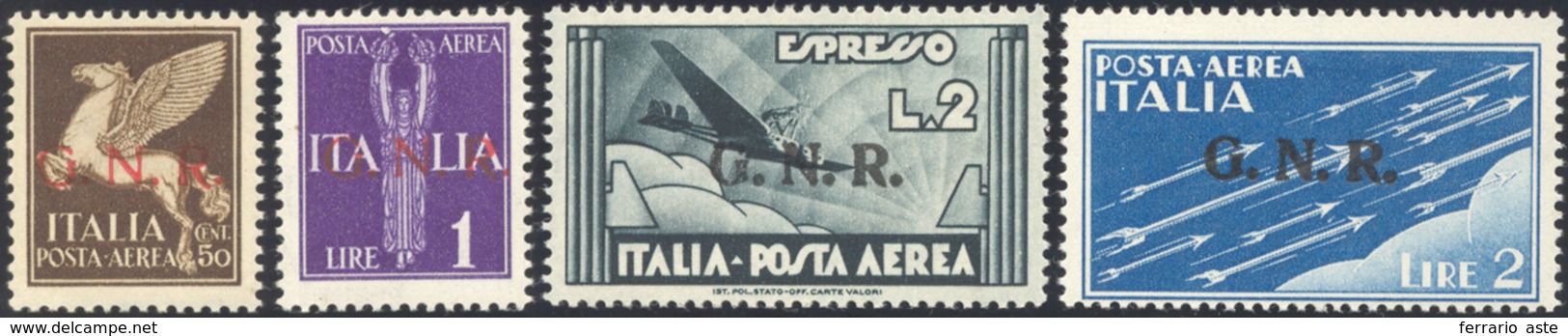 1922 1944 - 20 Cent., 1 Lira, 2 Lire Ardesia E Azzurro, Soprastampati G.N.R., Errore Di Colore Della Sopr... - Poste Aérienne