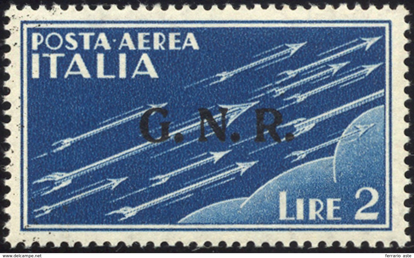 1926 1944 - 2 Lire Soprastampa G.N.R. In Nero, Errore Di Colore Della Soprastampa (122A), Gomma Integra, ... - Poste Aérienne