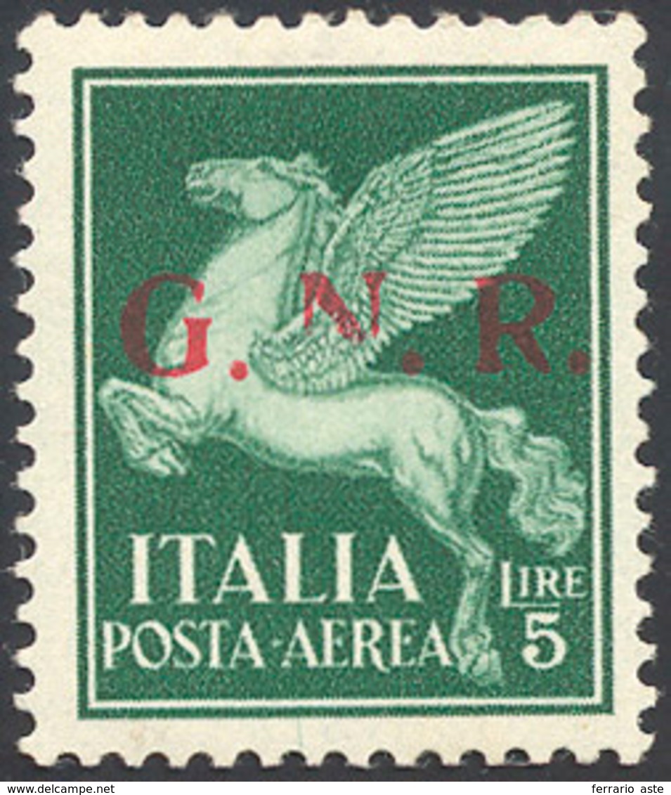 1928 1944  - 5 Lire Soprastampa G.N.R. Di Brescia, II Tipo (123/II), Varietà "N" Incompleta, Gomma Origin... - Poste Aérienne