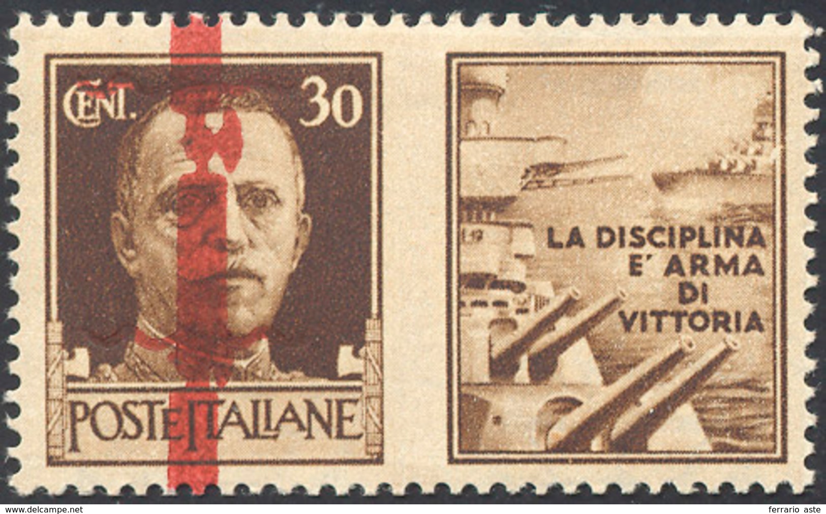 1935 1944 - 30 Cent. Marina, Soprastampa Rosso Bruno (29D), Varietà Doppia Soprastampa, Di Cui Una Fortem... - Propagande De Guerre