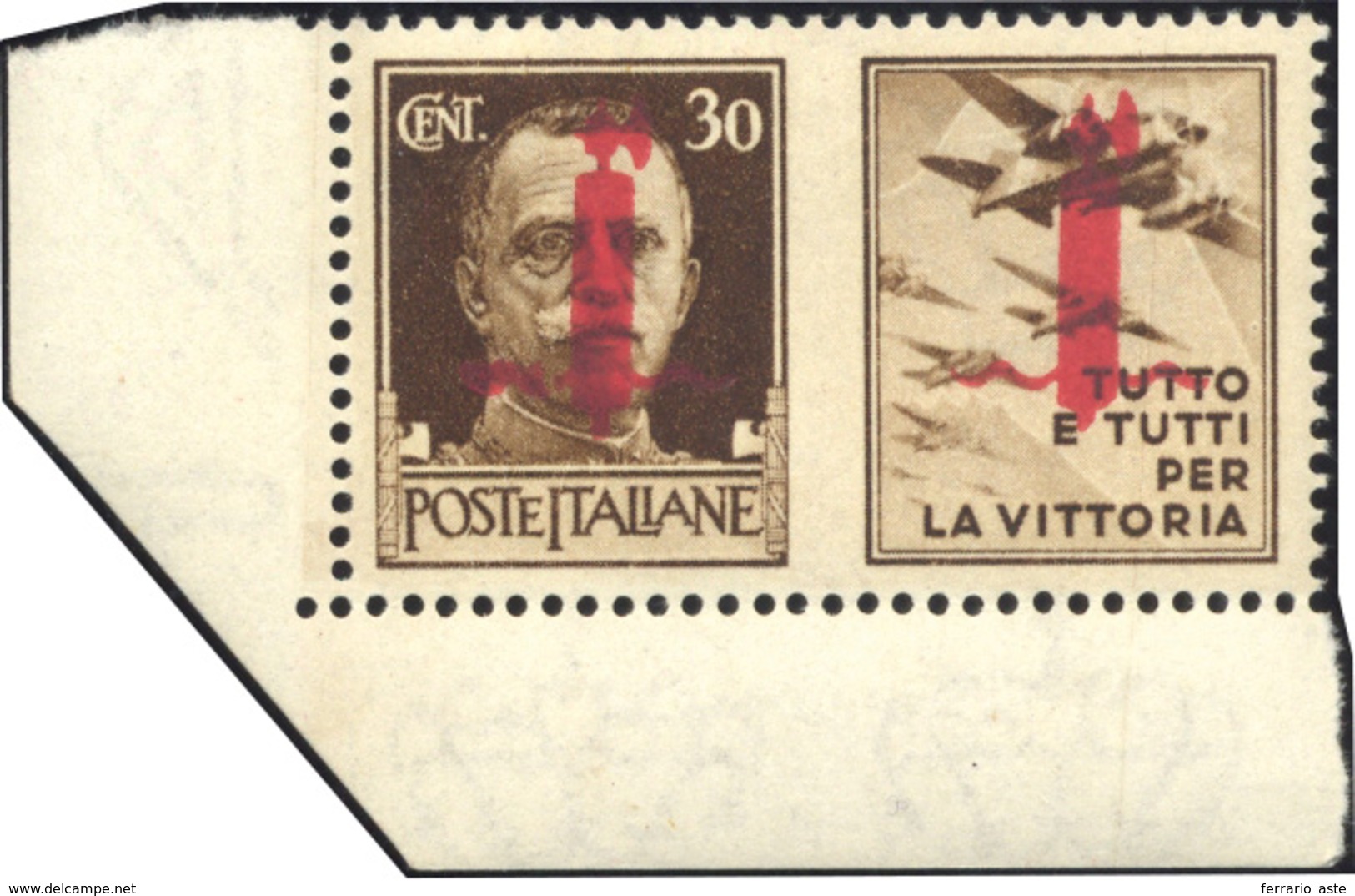 1937 1944 - 30 Cent. Aeronautica, Soprastampa Carminio Lillaceo Di Firenze, Nastro Di Sinistra Spezzato (... - Propagande De Guerre