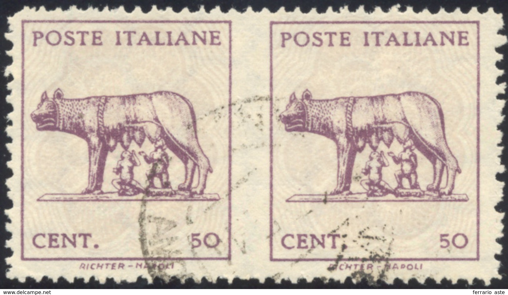 1979 1943 - 50 Cent. Lupa, Coppia Orizzontale Non Dentellata Al Centro (515s), Usata, Perfetta. Chiavarel... - Autres & Non Classés