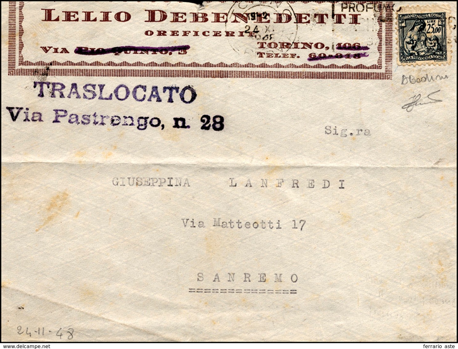 1996 1948 - 25 Lire Marca Da Bollo Dell'Istituto Nazionale Fascista Della Previdenza Sociale, Difetti Di ... - Autres & Non Classés