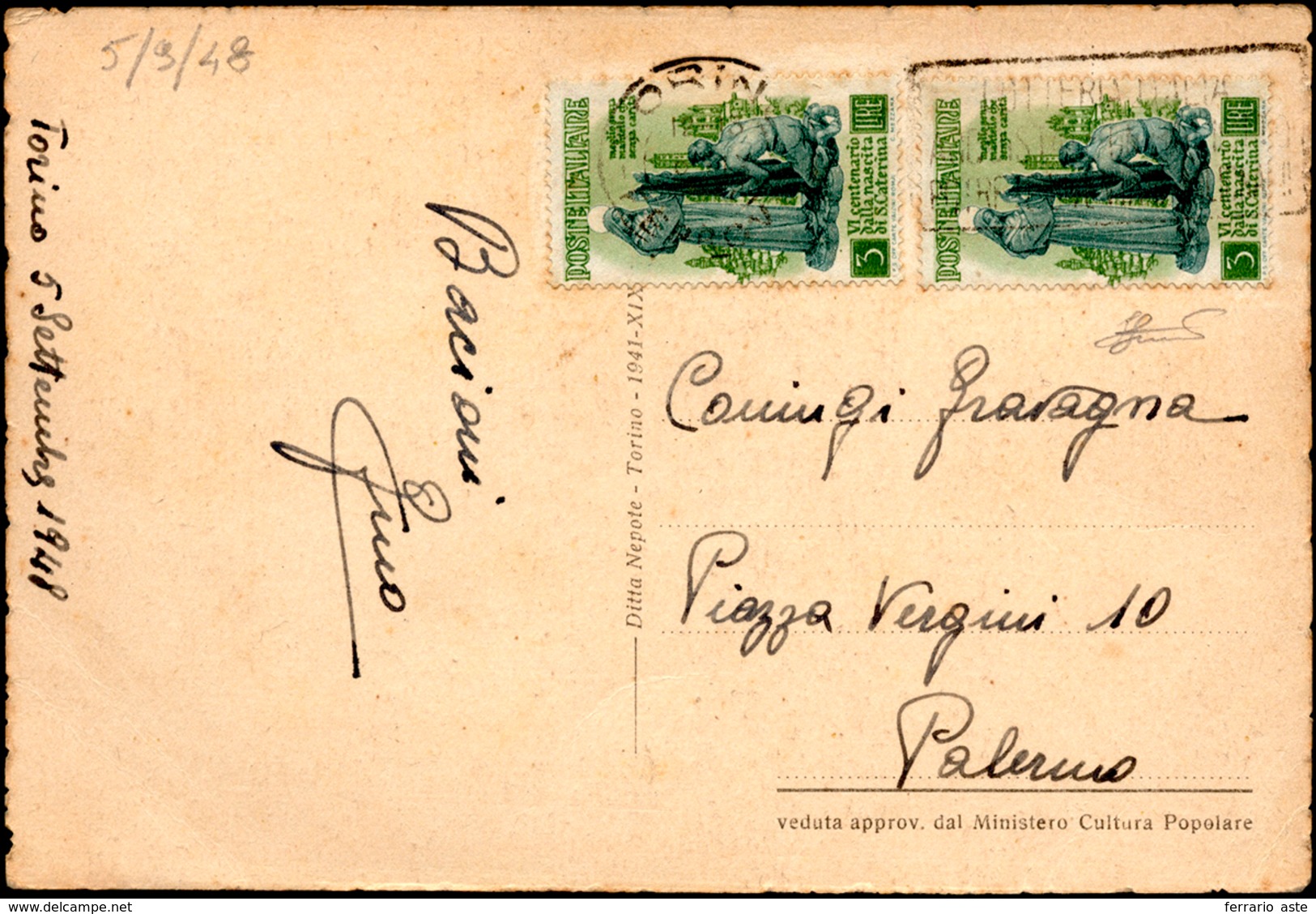 2011 1948 - 3 Lire S. Caterina (574), Due Esemplari Perfetti Su Cartolina In Tariffa Da Torino 5/9/1948 A... - Autres & Non Classés