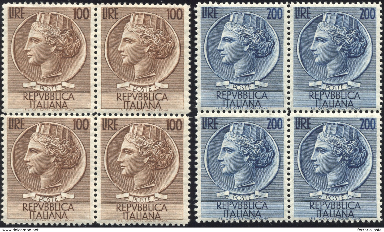 2033 1954 - 100 E 200 Lire Turrita, Filigrana Ruota (747/748), Ottima Centratura, Blocchi Di Quattro, Gom... - Autres & Non Classés