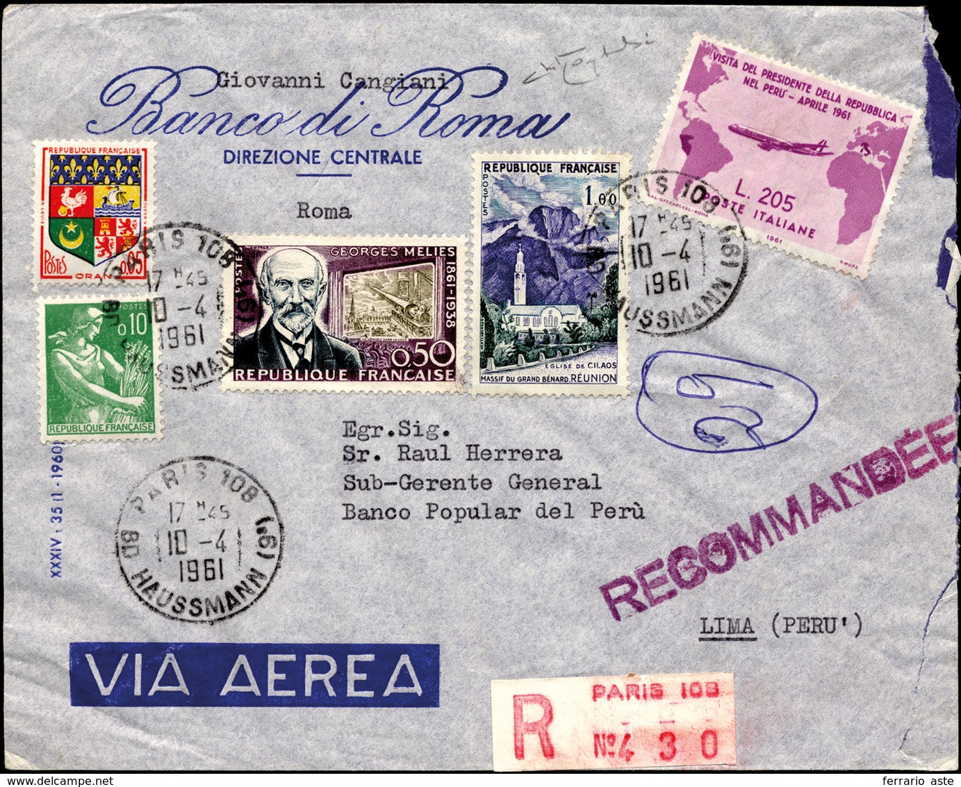 2043 1961 - 205 Lire Gronchi Rosa (921), Perfetti, In Affrancatura Mista Con Francobolli Francesi, Su Aer... - Autres & Non Classés