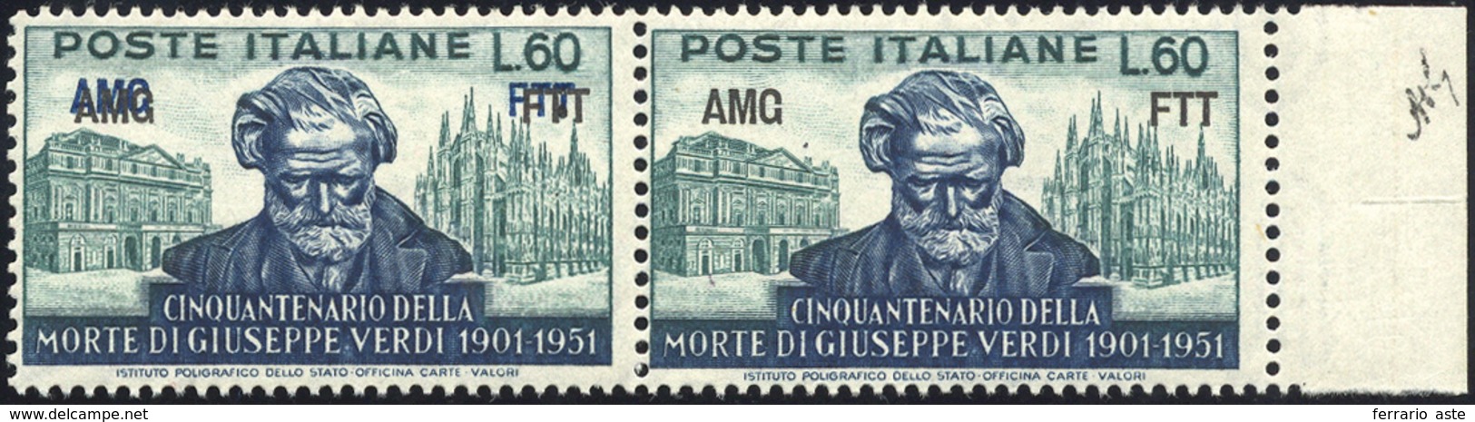 2101 1951 - 60 Lire Verdi, Coppia Orizzontale, Un Esemplare Con Doppia Soprastampa AMG-FTT, Una Nera E Un... - Autres & Non Classés