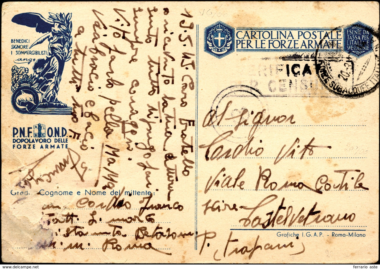 2132 1943 - Cartolina Postale In Franchigia Dei Sommergibilisti, Con Annullo Forze Subacquee Italiane In ... - Ohne Zuordnung
