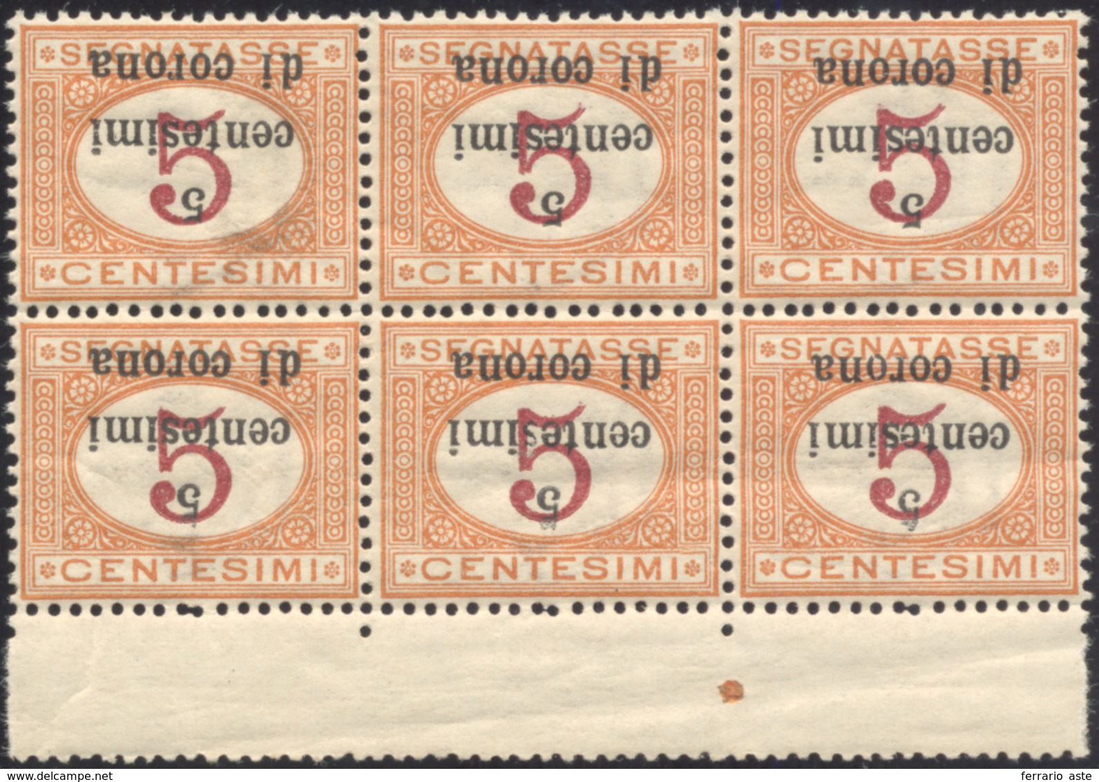 2204 TRENTO E TRIESTE SEGNATASSE 1919 - 5 Su 5 Cent., Soprastampa Capovolta (2a), Blocco Di 6, Bordo Di F... - Autres & Non Classés