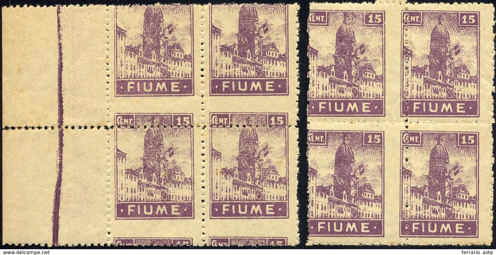 2227 FIUME 1919 - 15 Cent. Vedute, Carta Tipo "A", Blocco Di Quattro Con Dentellatura Orizzontale Forteme... - Sonstige & Ohne Zuordnung