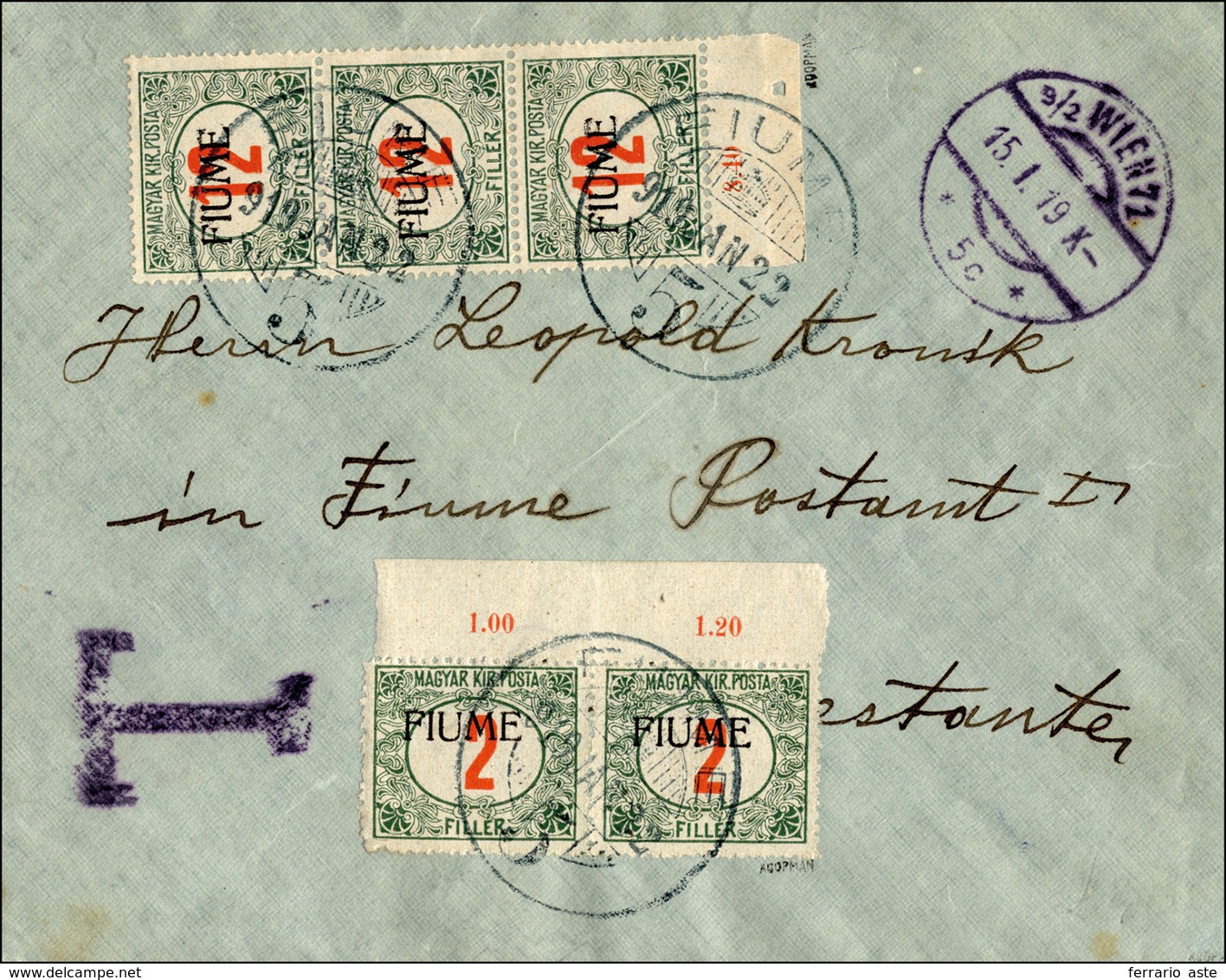 2231 FIUME SEGNATASSE 1919 - 2 F., Coppia, 12 F., Striscia Di Tre, Cifre Rosse, Soprastampa A Macchina, S... - Sonstige & Ohne Zuordnung