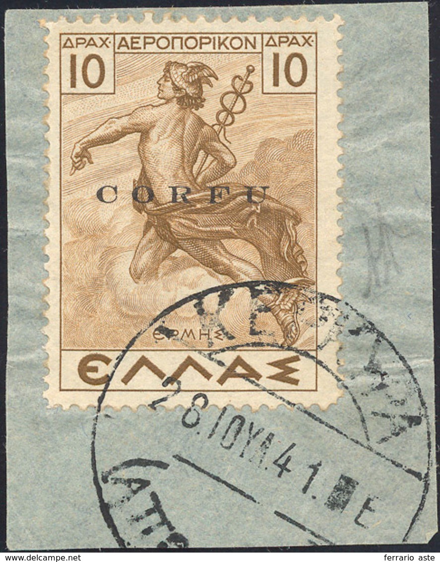 2259 CORFU' POSTA AEREA 1941 - 10 D. Bistro Bruno (7), Perfetto, Usato Su Frammento. Raro. A.Diena, Raybu... - Autres & Non Classés