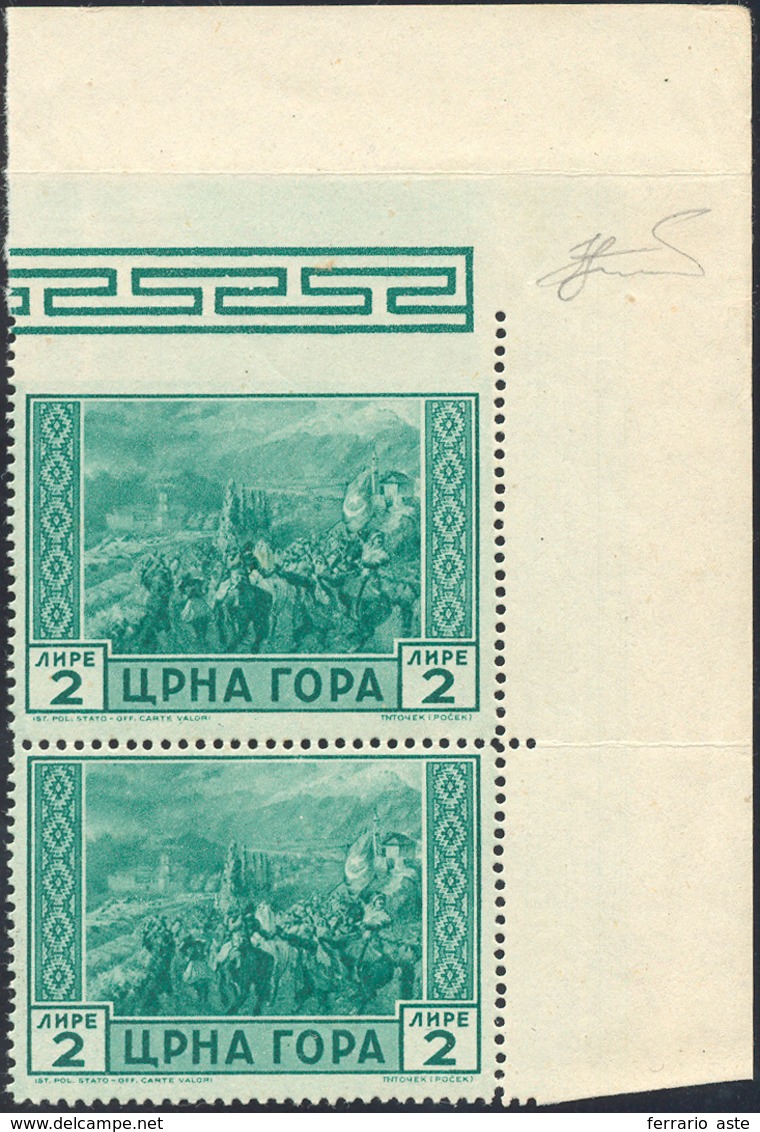 2267 MONTENEGRO 1943 - 2 Lire Serto Della Montagna, Coppia Verticale Con Il Primo Francobollo Non Dentell... - Autres & Non Classés