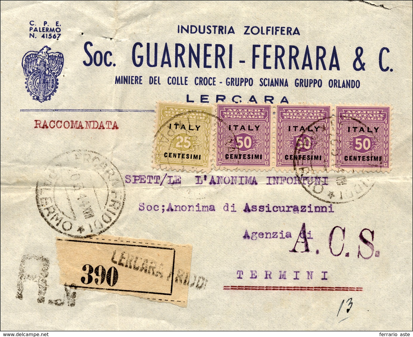 2274 AMGOT SICILIA 1943 - 25 Cent., 50 Cent., Striscia Di Tre (2,4), Perfetti, Su Busta Raccomandata Da L... - Sonstige & Ohne Zuordnung