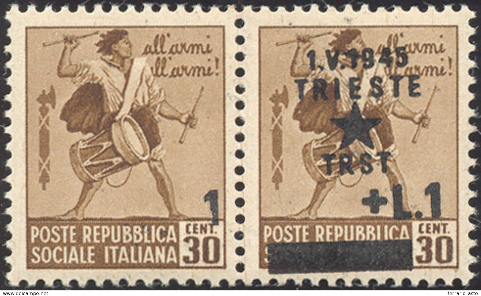 2283 TRIESTE 1945 - 1 Lira Su 30 Cent. Bruno, Senza Filigrana, Coppia Orizzontale, Un Esemplare Con Solo ... - Autres & Non Classés