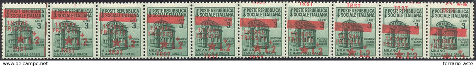 2288 TRIESTE 1945 - 2 Lire Su 3 Lire, Soprastampa Obliqua (8i) Striscia Di Dieci Esemplari, Gomma Origina... - Sonstige & Ohne Zuordnung