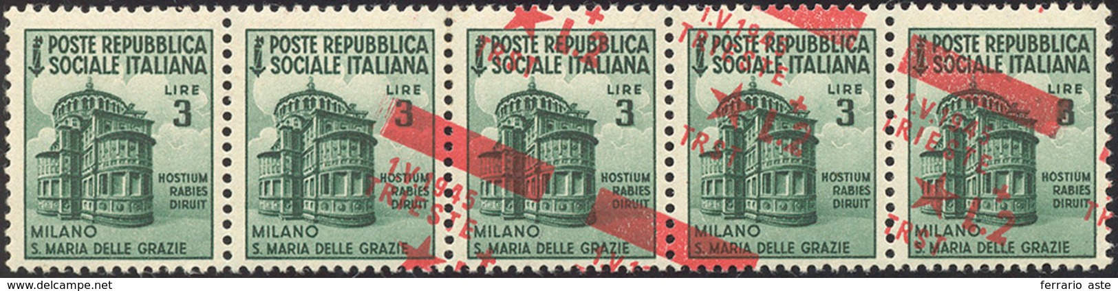 2289 TRIESTE 1945 - 2 Lire Su 3 Lire, Striscia Di Cinque, Soprastampa Obliqua, Il Primo Esemplare Senza S... - Autres & Non Classés