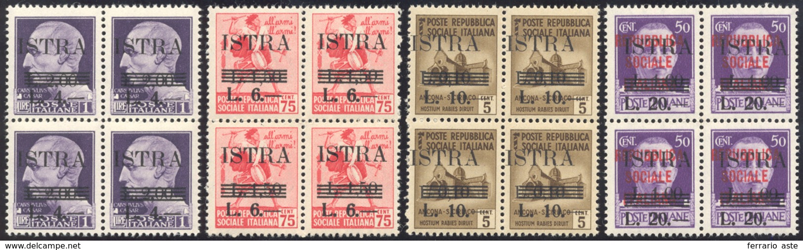 2291 ISTRIA E LIT. SLOVENO 1945 - Soprastampati Con Nuovo Valore (37/40), Blocchi Di Quattro, Gomma Origi... - Sonstige & Ohne Zuordnung