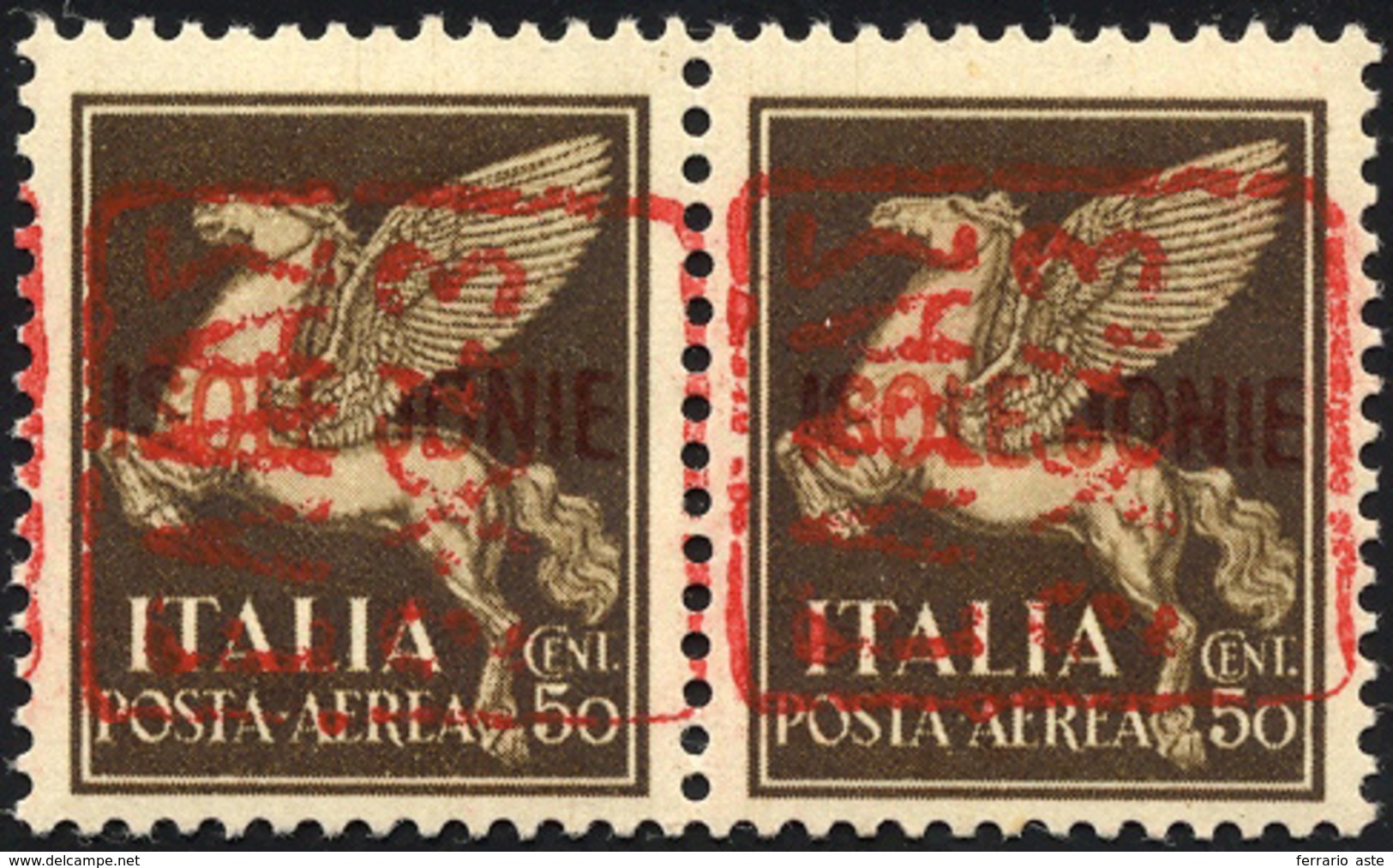 2308 ZANTE POSTA AEREA 1943 - 50 Cent. Soprastampa Rossa Coricata (2c), Coppia, Gomma Originale Integra, ... - Sonstige & Ohne Zuordnung