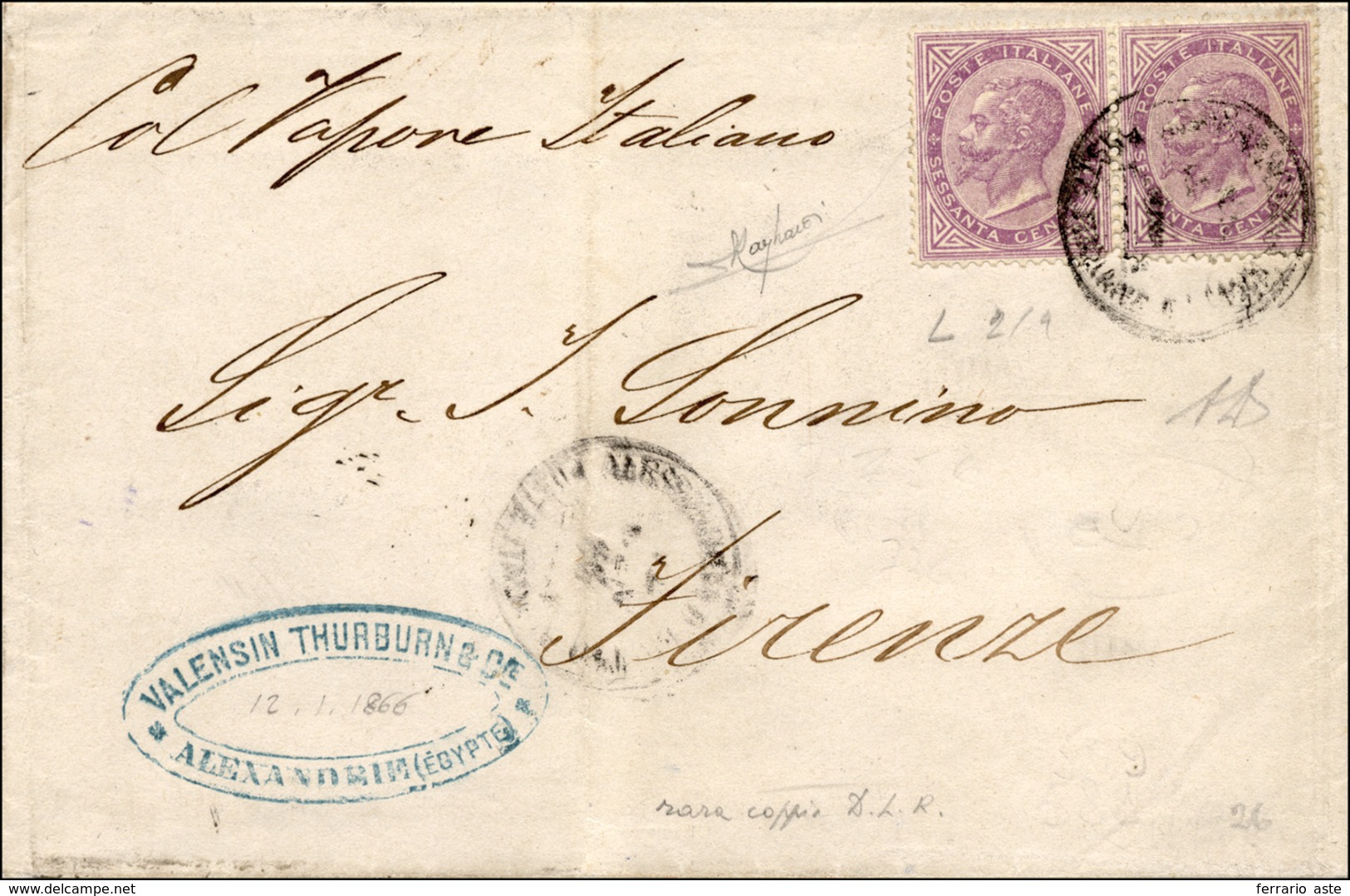 2322 ALESSANDRIA D'EGITTO 1866 - 60 Cent. De La Rue (L21), Coppia Su Sovracoperta Di Lettera Da Alessandr... - Sonstige & Ohne Zuordnung